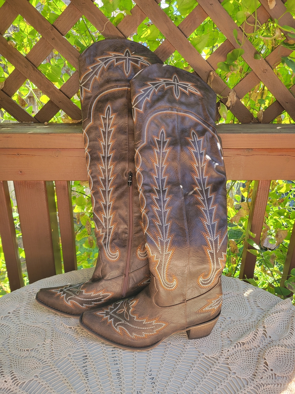 Women’s Brown Embroidered Leather Thigh High Cowboy Boots